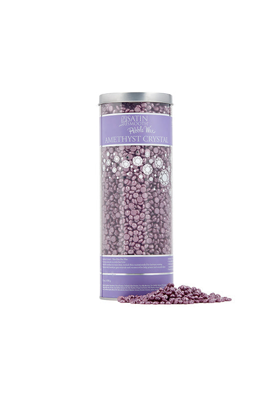 The frontage look for a depilation container with a label design and pearly purple solid wax beans on the outside