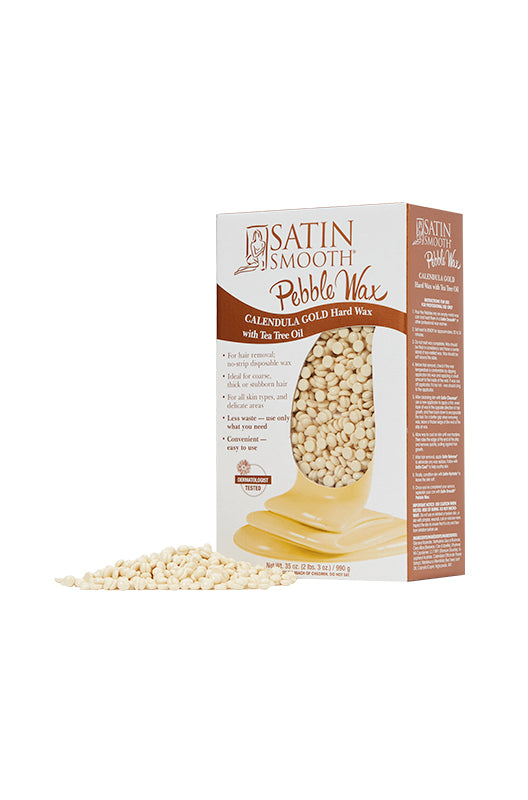 Half Side view of pebble wax pack with label design beside a pearl bean