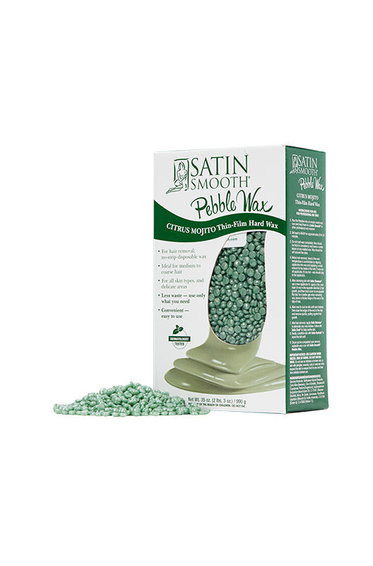 Depilatory pack with label design in 3D illustration featuring product details and wax granules on the outside