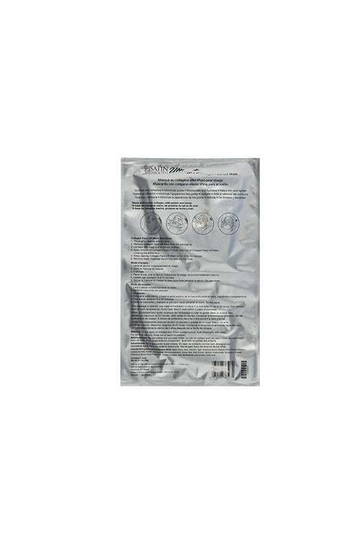 Back of Satin Smooth Collagen Neck Lift Mask sterile packaging with instructions for use & product information